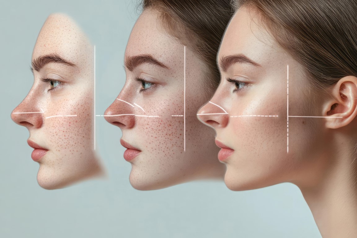 Before and after images of rhinoplasty, illustrating the improvement in nose shape and symmetry