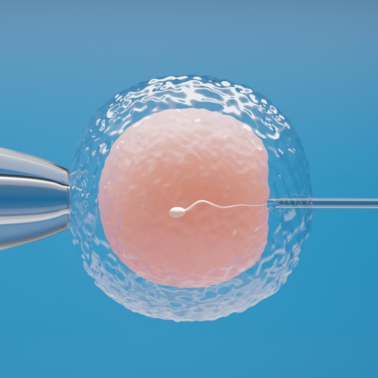 Ovum with needle for artificial insemination or in vitro fertilization. 3D Illustration Rendering.