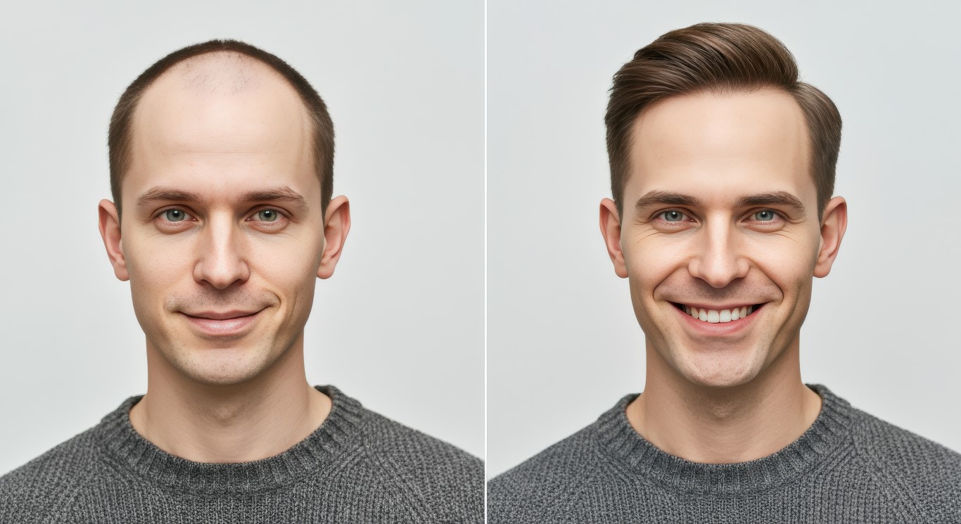 Before and after portrait of a young caucasian male showcasing a dramatic change in hairstyle. the left image displays a balding look, while the right reveals a full head of styled hair, a boost in self-assurance.